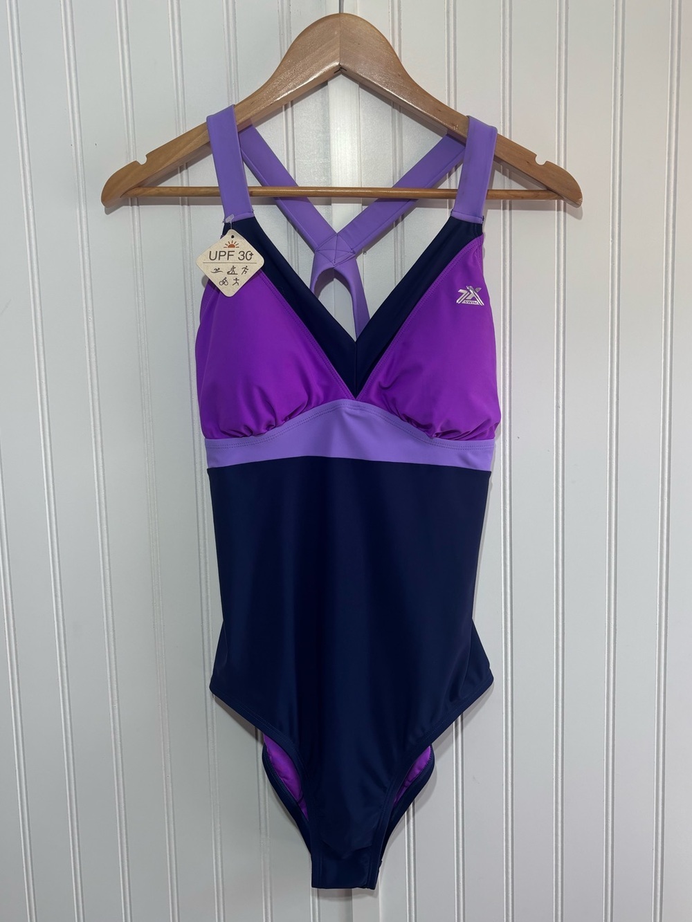 ZeroXposur X-Tension One Piece Colorblock Swimsuit NWT Purple Navy Size L